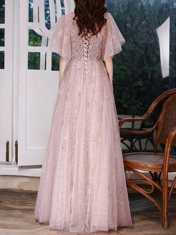 Evening A-Line Jewel Neck Half Sleeves Floor-Length Dresses