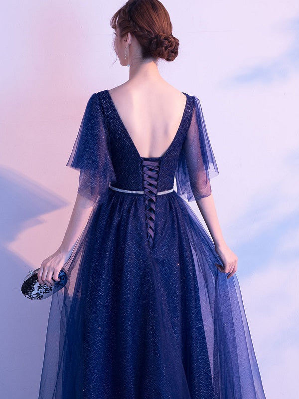 Evening A Line Matte Satin Floor Length Sequins Party Dresses