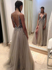 Evening A-Line Sweep Zipper Applique Sequined Dresses