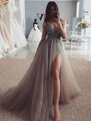 Evening A-Line Sweep Zipper Applique Sequined Dresses