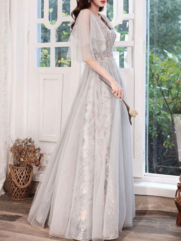 Evening Dress A-Line Lace Social Floor-Length Pageant Dress