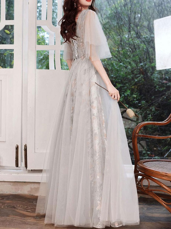 Evening Dress A-Line Lace Social Floor-Length Pageant Dress