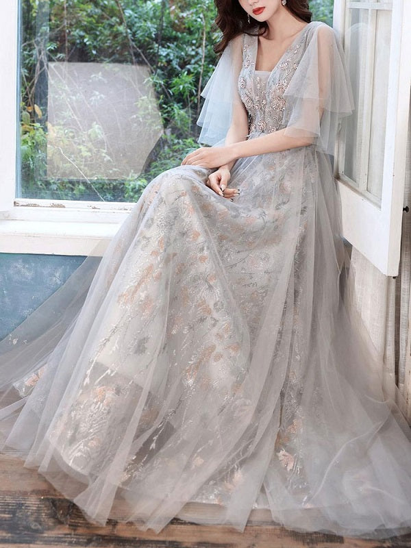 Evening Dress A-Line Lace Social Floor-Length Pageant Dress