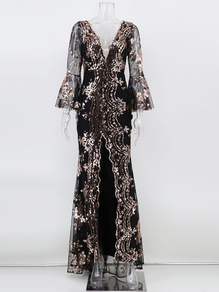 Long Sleeve Polyester Sequins Split Gowns Party Dress