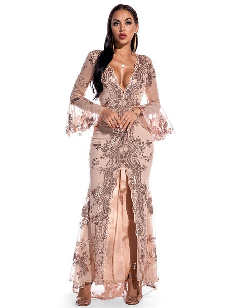 Long Sleeve Polyester Sequins Split Gowns Party Dress
