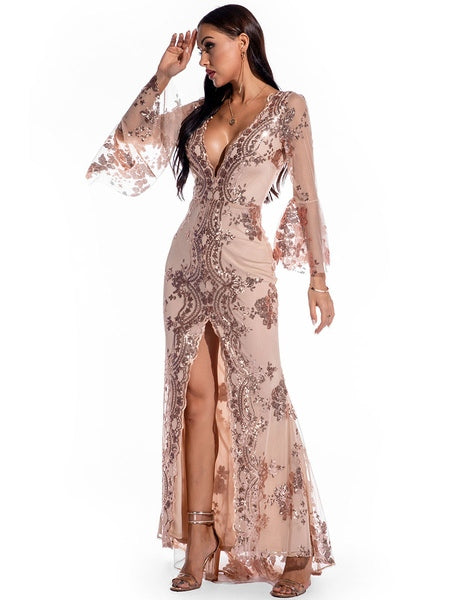 Long Sleeve Polyester Sequins Split Gowns Party Dress
