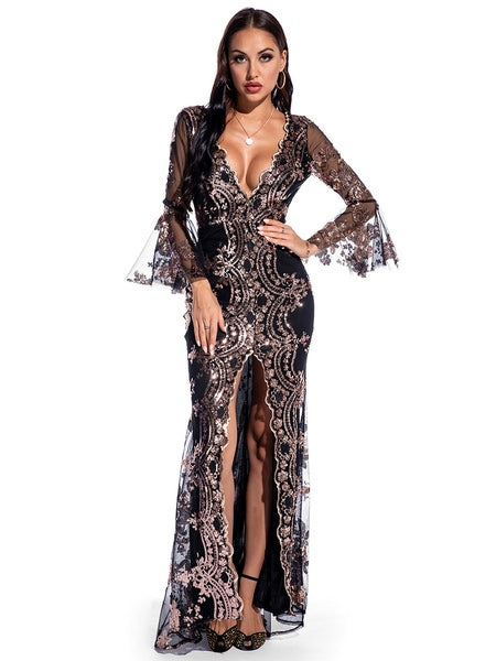 Long Sleeve Polyester Sequins Split Gowns Party Dress