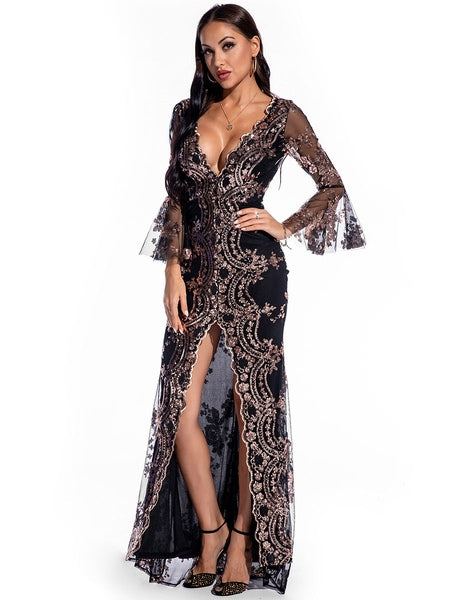 Long Sleeve Polyester Sequins Split Gowns Party Dress