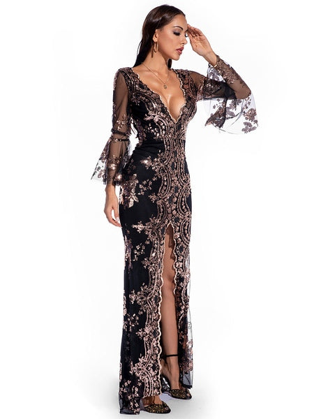 Long Sleeve Polyester Sequins Split Gowns Party Dress