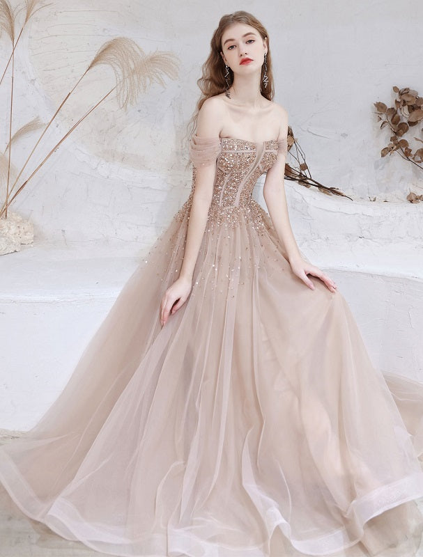Evening Dress Short Sleeves Lace Up Sequins Formal Dress