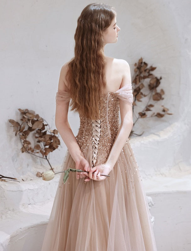 Evening Dress Short Sleeves Lace Up Sequins Formal Dress