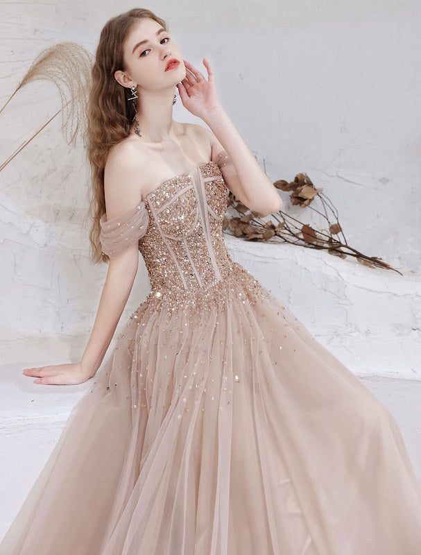 Evening Dress Short Sleeves Lace Up Sequins Formal Dress