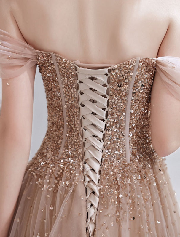 Evening Dress Short Sleeves Lace Up Sequins Formal Dress