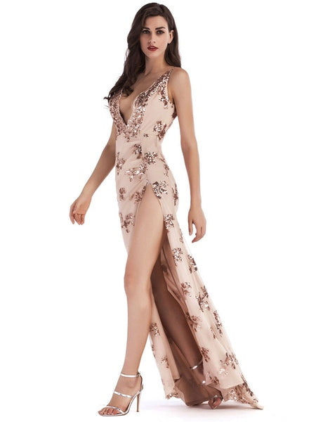 Backless Polyester Sequins Split Gowns Long Party Dress