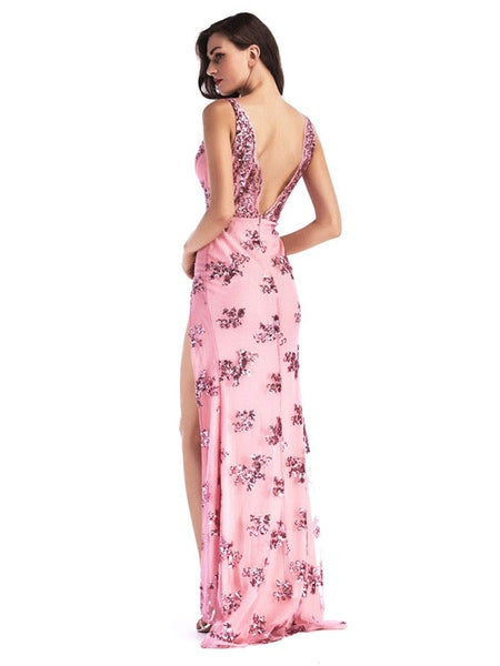 Backless Polyester Sequins Split Gowns Long Party Dress