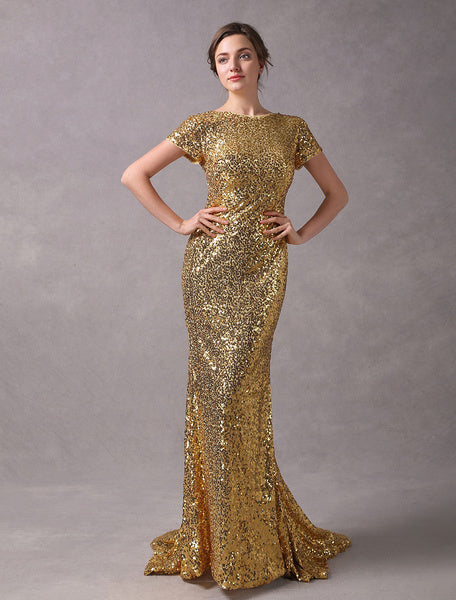 Evening Dresses Light Gold Mermaid Short Sleeve Formal Dress With Train