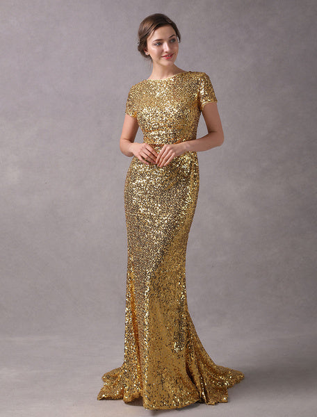 Evening Dresses Light Gold Mermaid Short Sleeve Formal Dress With Train