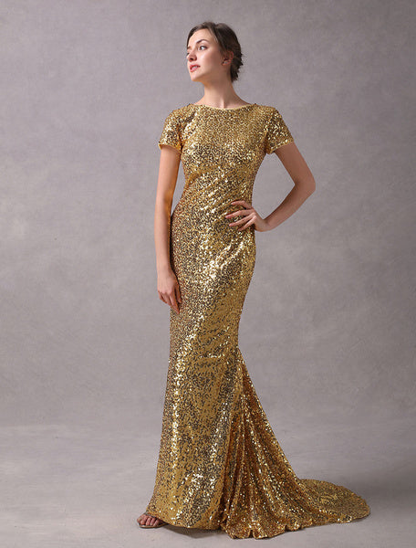 Evening Dresses Light Gold Mermaid Short Sleeve Formal Dress With Train
