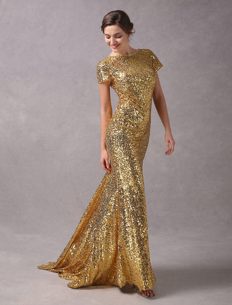 Evening Dresses Light Gold Mermaid Short Sleeve Formal Dress With Train