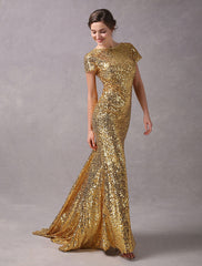 Evening Dresses Light Gold Mermaid Short Sleeve Formal Dress With Train