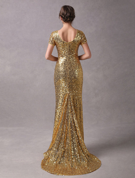 Evening Dresses Light Gold Mermaid Short Sleeve Formal Dress With Train
