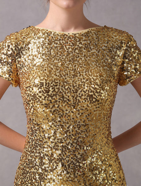 Evening Dresses Light Gold Mermaid Short Sleeve Formal Dress With Train