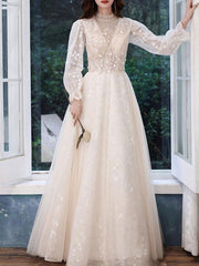Evening Jewel Neck Lace Sequined Floor-Length Party Dresses