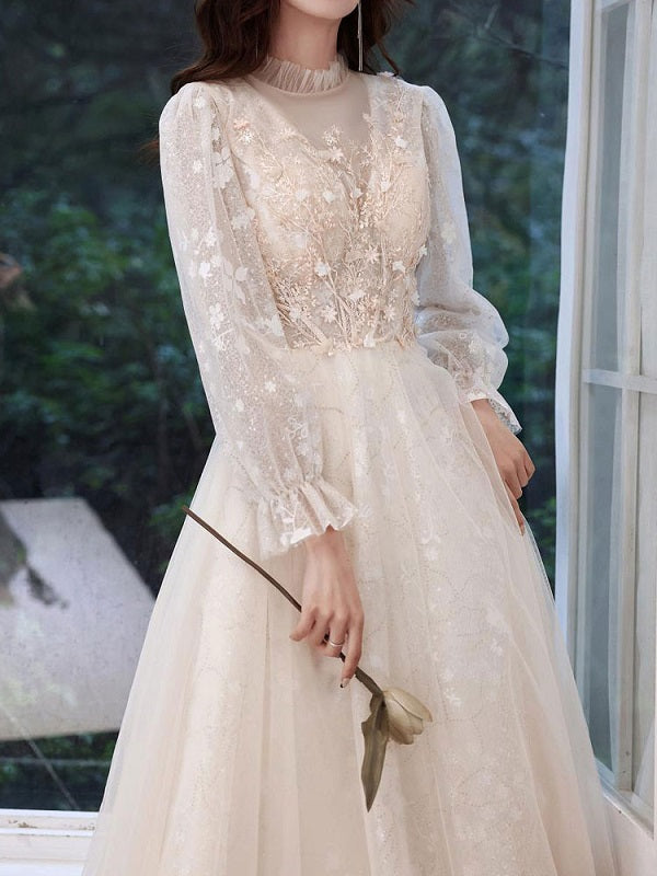 Evening Jewel Neck Lace Sequined Floor-Length Party Dresses