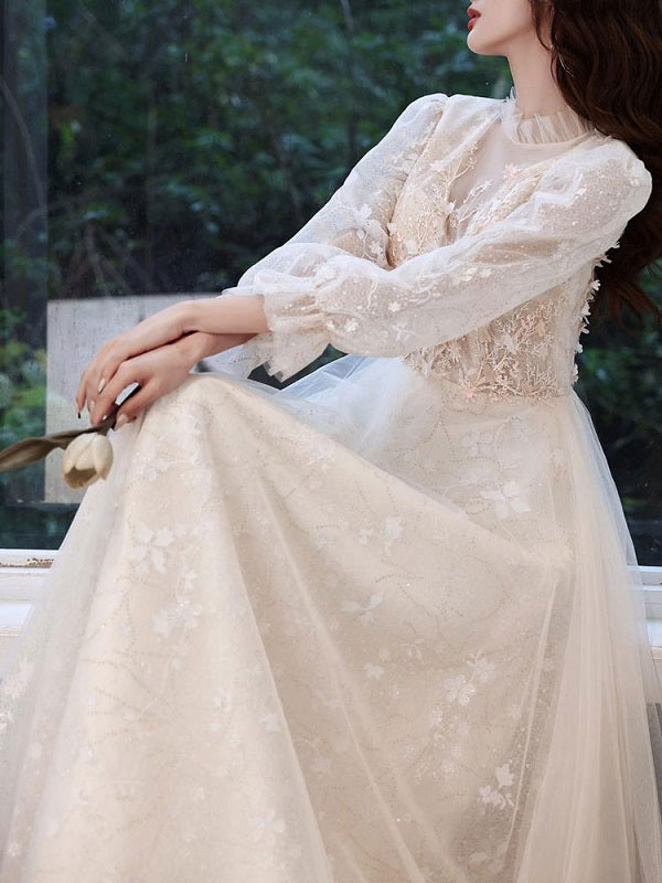 Evening Jewel Neck Lace Sequined Floor-Length Party Dresses