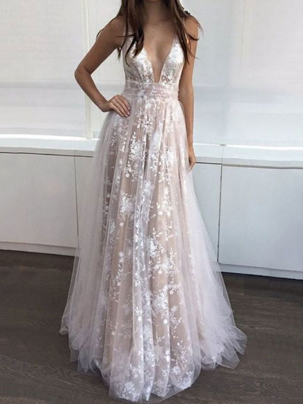Evening V-Neck Backless Floor Length Lace Semi Formal Party Dresses