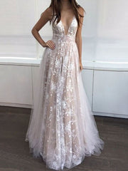 Evening V-Neck Backless Floor Length Lace Semi Formal Party Dresses
