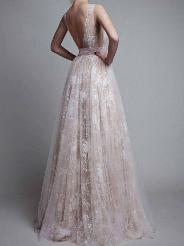 Evening V-Neck Backless Floor Length Lace Semi Formal Party Dresses