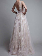 Evening V-Neck Backless Floor Length Lace Semi Formal Party Dresses