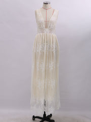 Evening V-Neck Backless Floor Length Lace Semi Formal Party Dresses