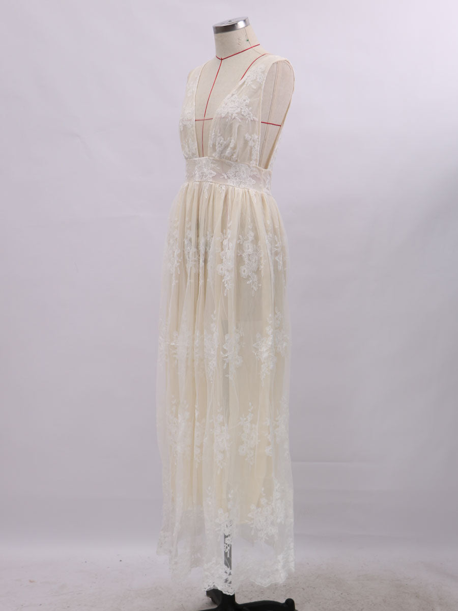 Evening V-Neck Backless Floor Length Lace Semi Formal Party Dresses