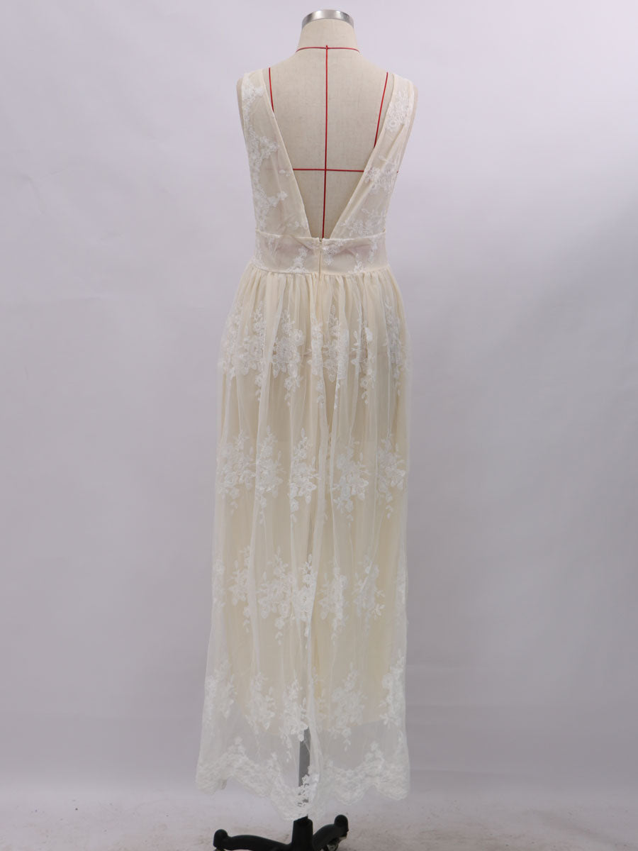 Evening V-Neck Backless Floor Length Lace Semi Formal Party Dresses