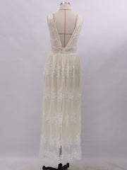 Evening V-Neck Backless Floor Length Lace Semi Formal Party Dresses
