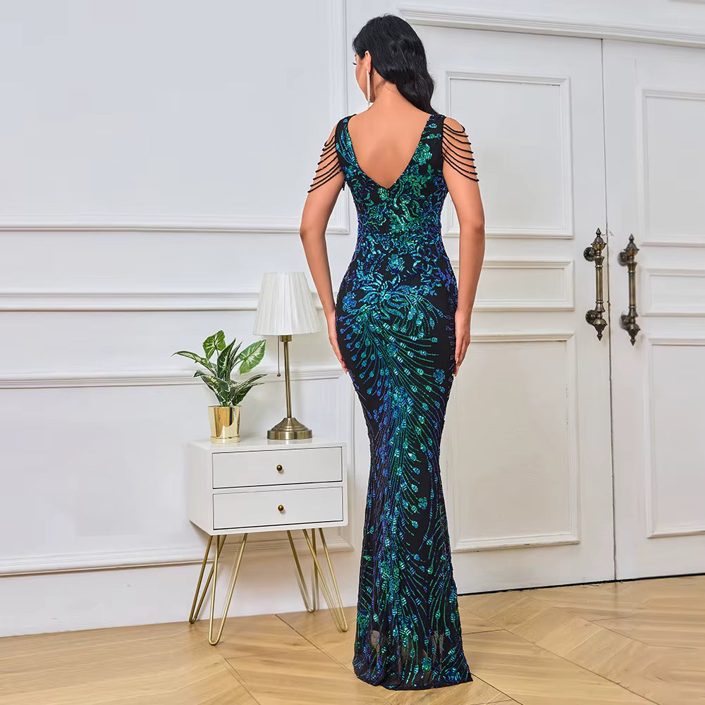 Exquisite V-Neck Flower Pattern Mermaid Beads Evening Long Maxi Dresses