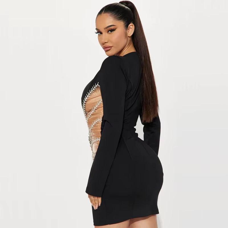 Deep V-Neck Diamond Long Sleeves zipper empire Waist Cocktail Party Bandage Dress