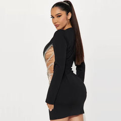 Deep V-Neck Diamond Long Sleeves zipper empire Waist Cocktail Party Bandage Dress