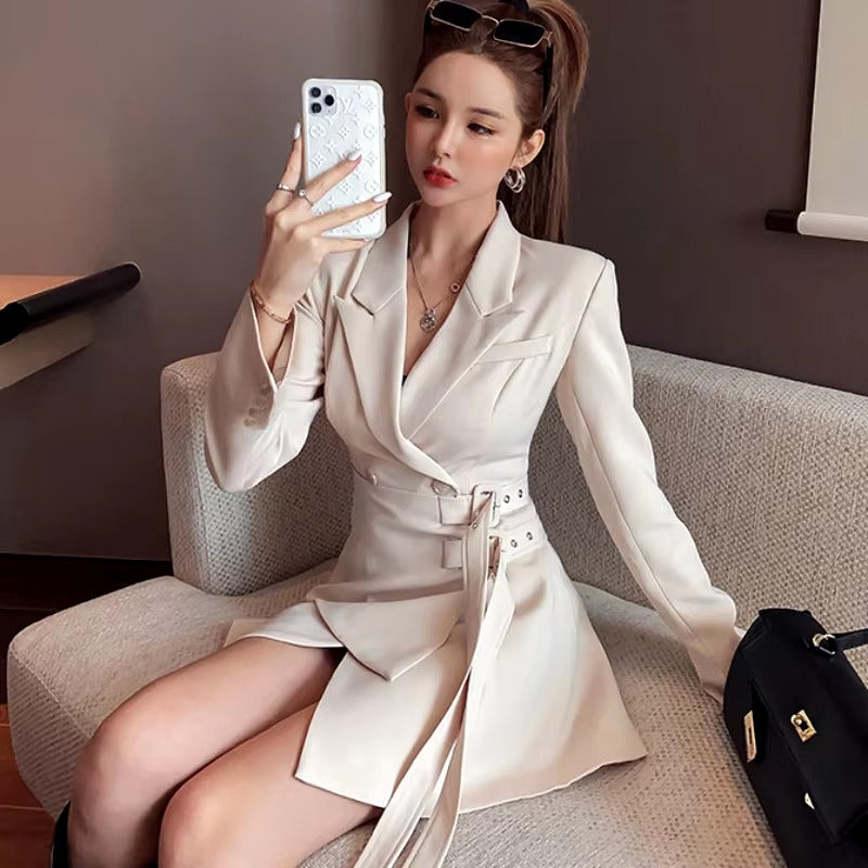 Fake Two-piece Lace Up Long Sleeved Office Lady Waistband Blazer Dress