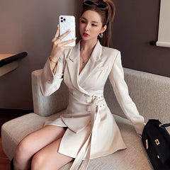 Fake Two-piece Lace Up Long Sleeved Office Lady Waistband Blazer Dress