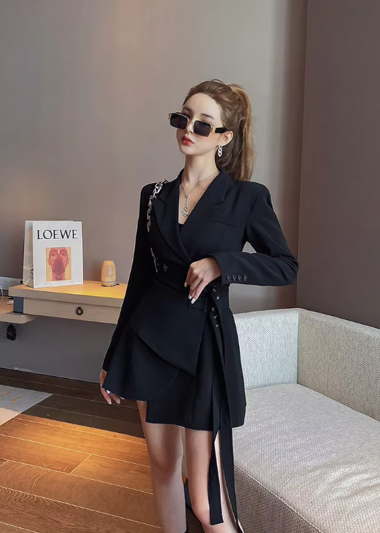 Fake Two-piece Lace Up Long Sleeved Office Lady Waistband Blazer Dress