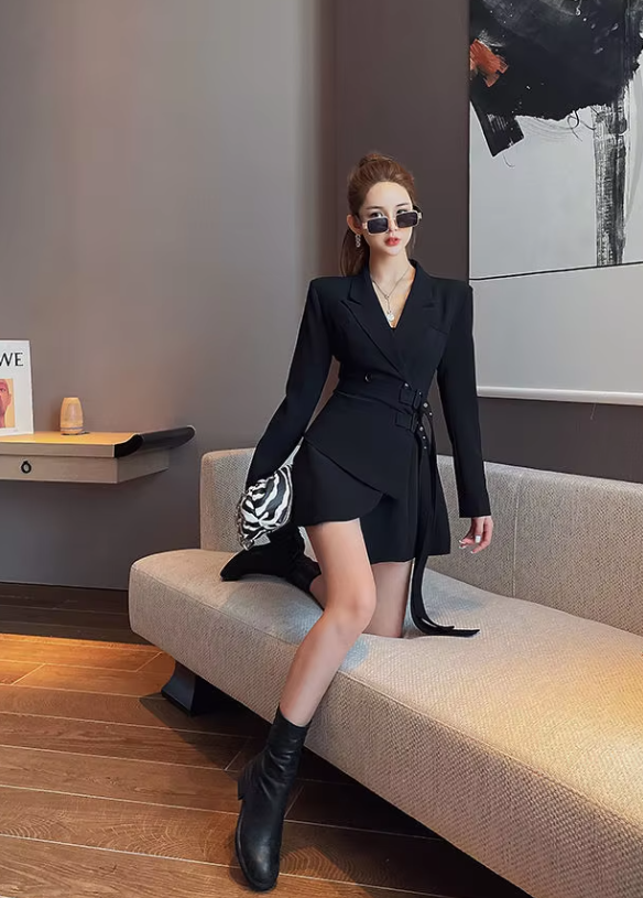 Fake Two-piece Lace Up Long Sleeved Office Lady Waistband Blazer Dress