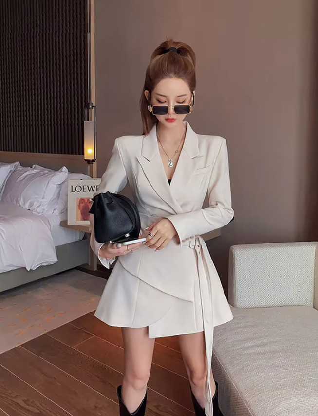 Fake Two-piece Lace Up Long Sleeved Office Lady Waistband Blazer Dress