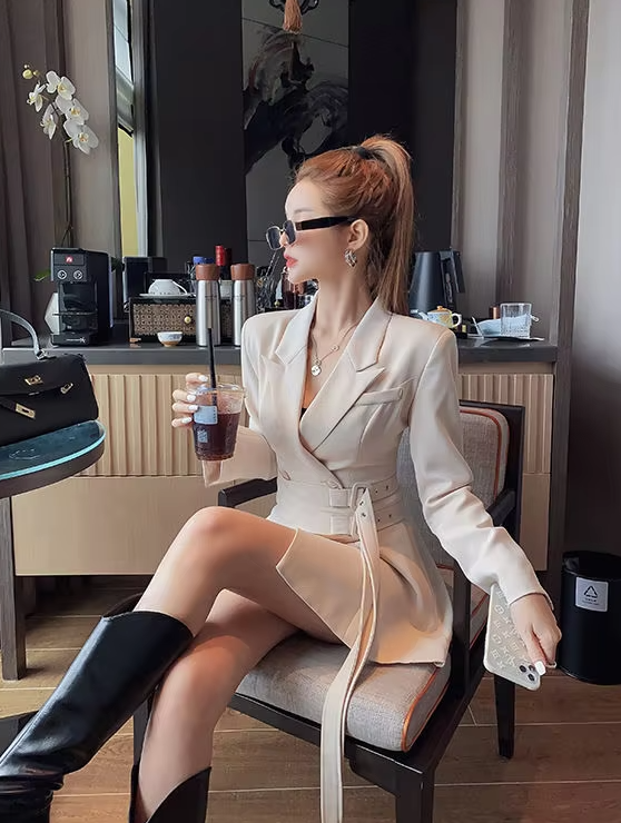 Fake Two-piece Lace Up Long Sleeved Office Lady Waistband Blazer Dress