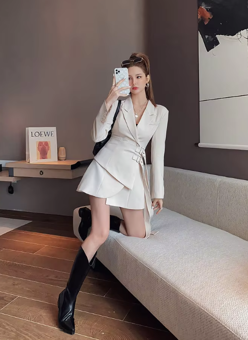 Fake Two-piece Lace Up Long Sleeved Office Lady Waistband Blazer Dress