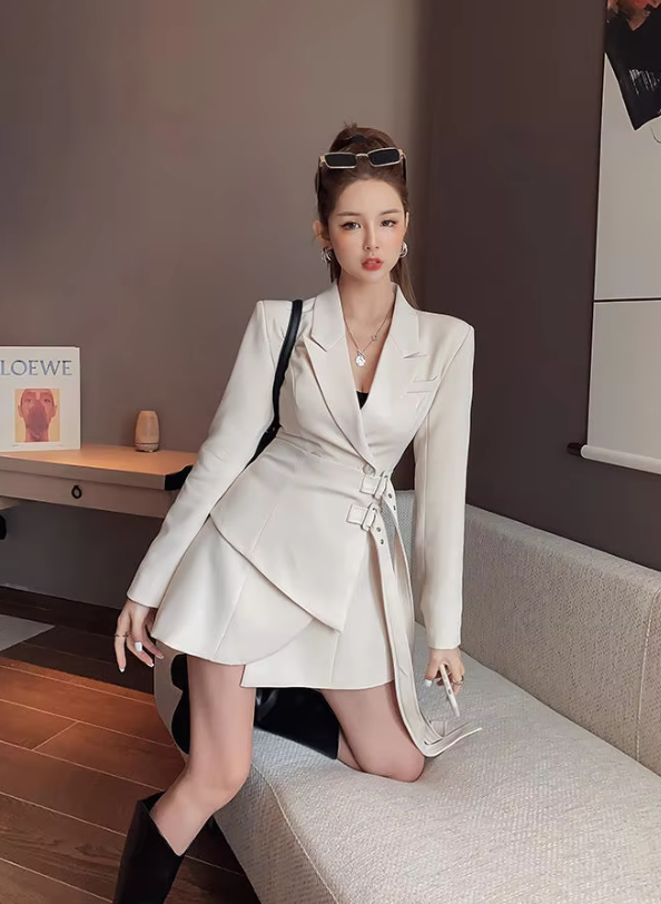 Fake Two-piece Lace Up Long Sleeved Office Lady Waistband Blazer Dress