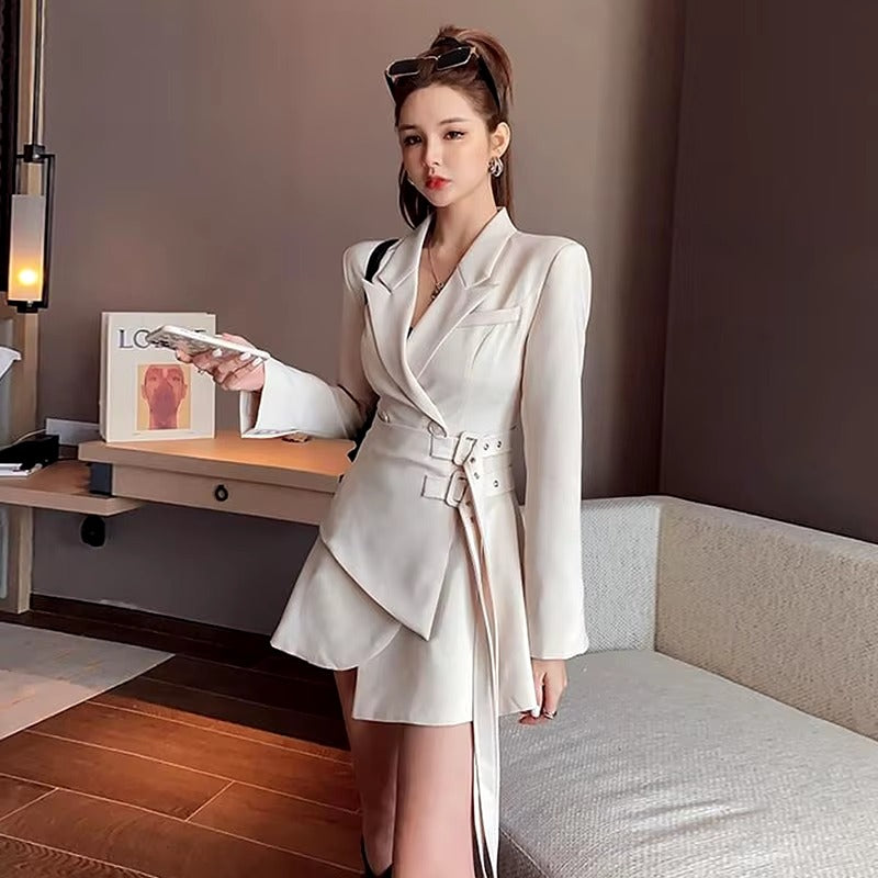 Fake Two-piece Lace Up Long Sleeved Office Lady Waistband Blazer Dress
