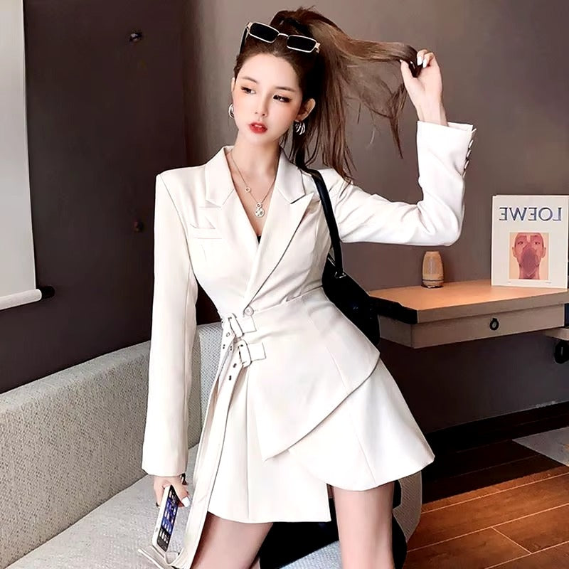 Fake Two-piece Lace Up Long Sleeved Office Lady Waistband Blazer Dress
